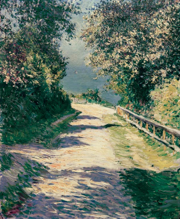 Sonniger Weg mit Geländer unter blühenden Bäumen zum Meer – Gustave Caillebotte Allée de la villa des fleurs Kunstkopie