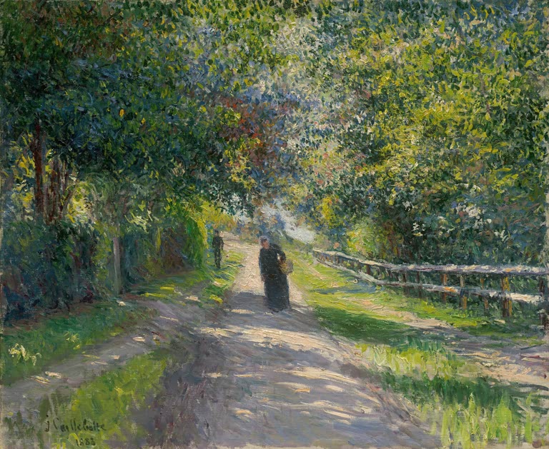 Frau auf schattigem Weg unter Laubbäumen mit Zaun – Gustave Caillebotte Allee der Villa des Fleurs in Trouville Kunstkopie