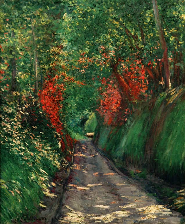 Schattiger Waldweg zwischen grünem Laub und roten Sträuchern – Gustave Caillebotte Allée sous bois Kunstkopie