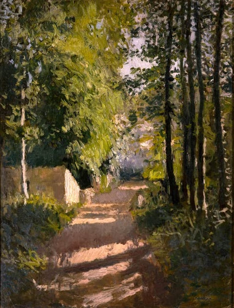 Sonnenfleckiger Waldweg mit hohen Stämmen und Mauer – Gustave Caillebotte Allée sousbois en Normandie Kunstkopie