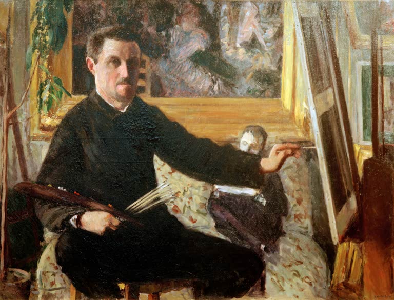 Maler mit Palette sitzt auf Sofa vor der Staffelei – Gustave Caillebotte Autoportrait au chevalet Kunstkopie
