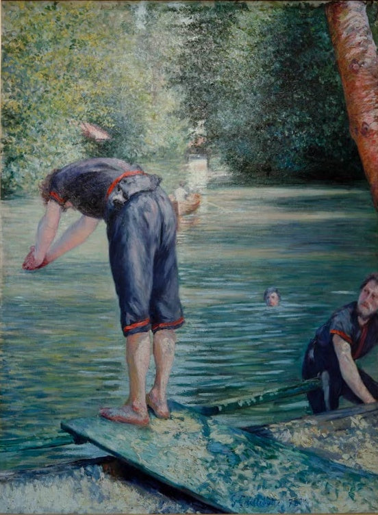 Badender beugt sich auf einem Steg über dem Fluss, im Wasser ein Schwimmer – Gustave Caillebotte Baigneurs Kunstkopie