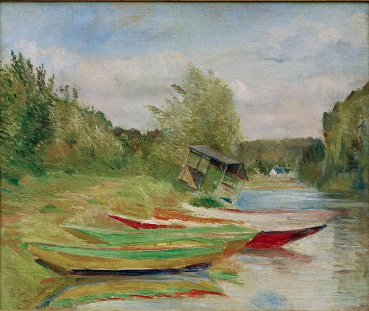 Bunte Ruderboote am Ufer, schiefe Hütte im Grün – Gustave Caillebotte Barques et cabane, bord de Seine Kunstkopie