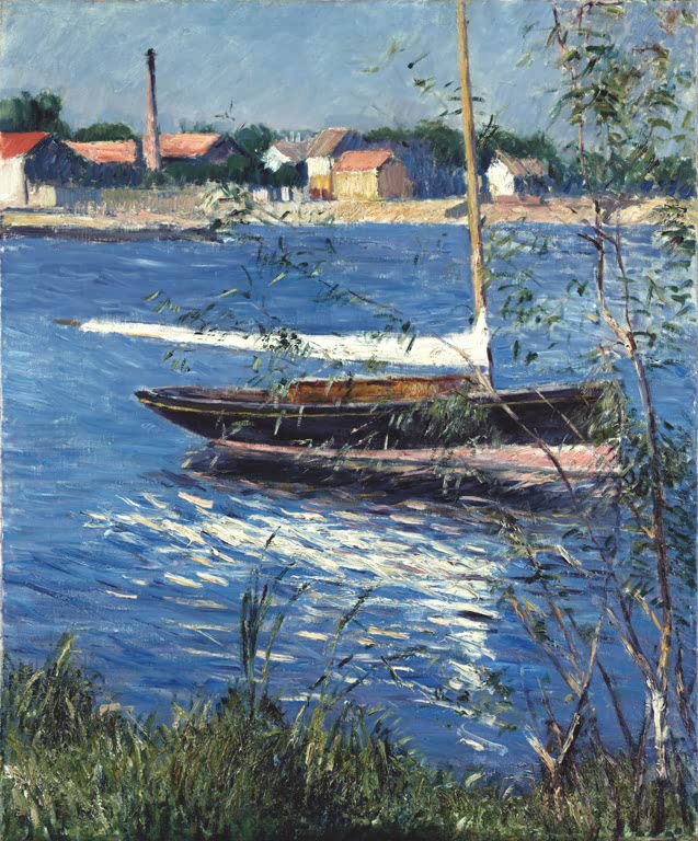 Segelboot auf tiefblauer Seine, Häuser am Ufer – Gustave Caillebotte Bateau au mouillage sur la Seine Kunstkopie