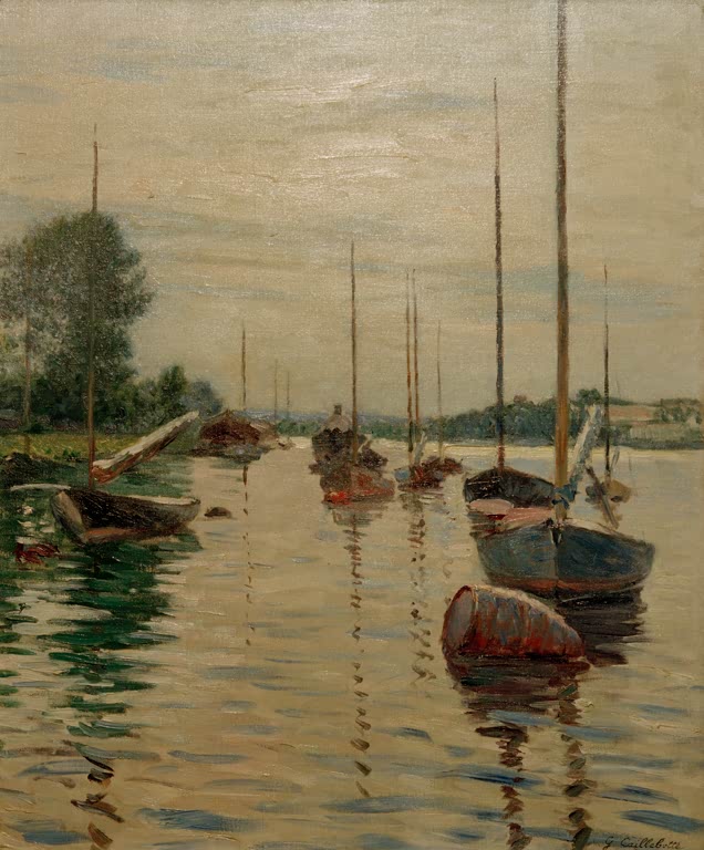 Segelboote vor Anker auf ruhigem Wasser im Abendlicht – Gustave Caillebotte Bateaux à l'ancre sur la Seine Kunstkopie