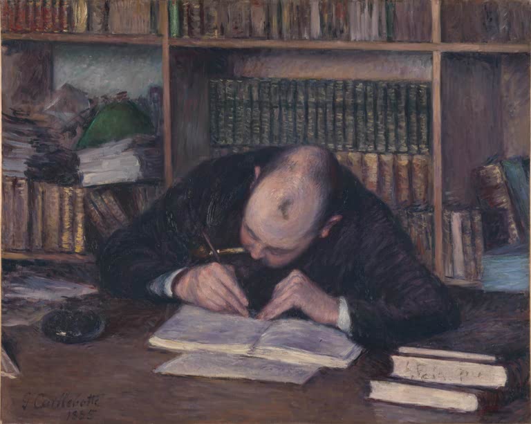 Gustave Caillebotte Bildnis des Buchhändlers Fontaine Kunstkopie, schreibender Mann vor dichten Bücherregalen