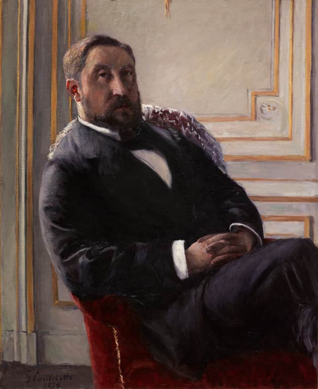 Sitzender Herr im dunklen Anzug vor heller Wandvertäfelung – Gustave Caillebotte Bildnis Jules Richemont Kunstkopie