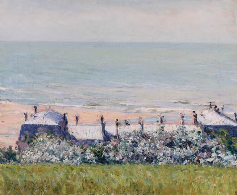 Gustave Caillebotte Blühende Hecken am Strand von Trouville Kunstkopie, weiß blühende Sträucher vor Strandhäusern und Meer