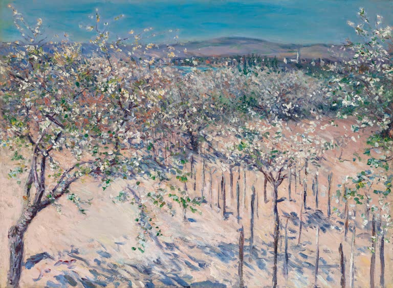 Blühende Apfelbäume in sonnigem Obstgarten unter blauem Himmel – Gustave Caillebotte Blühender Apfelgarten Kunstkopie