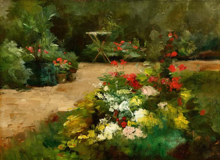 Gustave Caillebotte Blühendes Gartenbeet mit Geranien Kunstkopie, rote Geranien und weiße Blüten vor schattigem Gartenweg