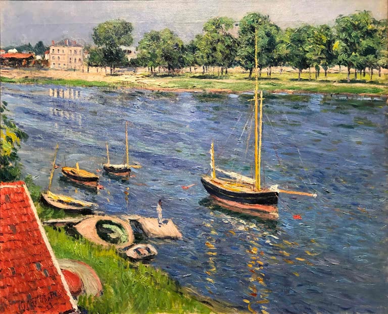 Gustave Caillebotte Boote vor Anker bei Argenteuil Kunstkopie, Segelboote und rotes Ufergebäude an der Seine