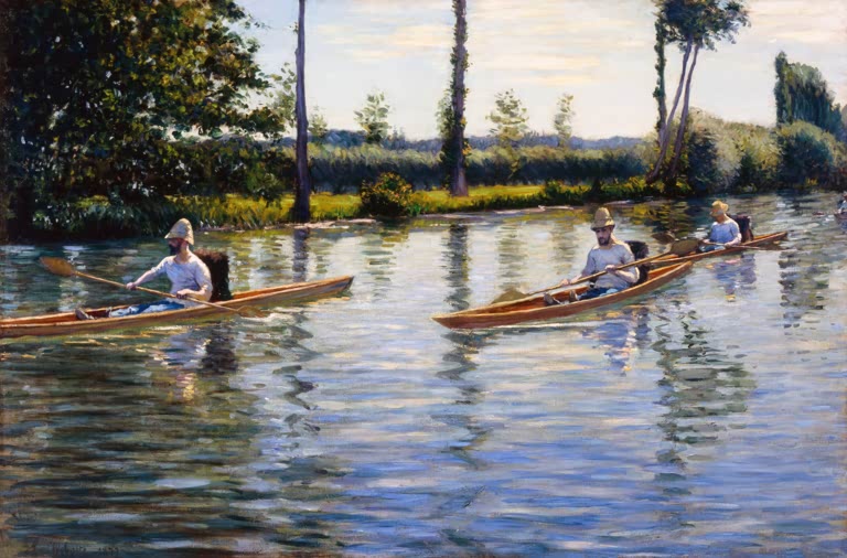 Zwei Ruderer in schlanken Kanus auf spiegelndem Fluss – Gustave Caillebotte Bootfahren auf dem Yerres Kunstkopie