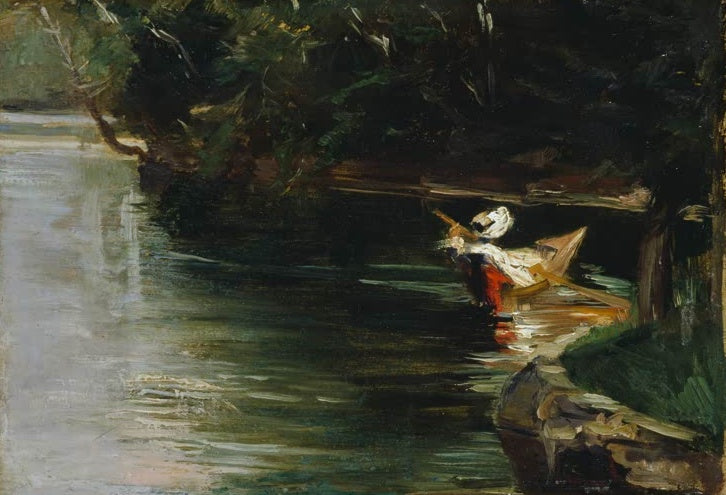 Frau im Boot unter dunklen Bäumen am stillen Fluss – Gustave Caillebotte Bords de l'Yerres Kunstkopie