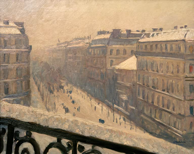 Verschneiter Boulevard, vorn ein schmiedeeisernes Gitter – Gustave Caillebotte Boulevard Haussmann, effet de neige Kunstkopie