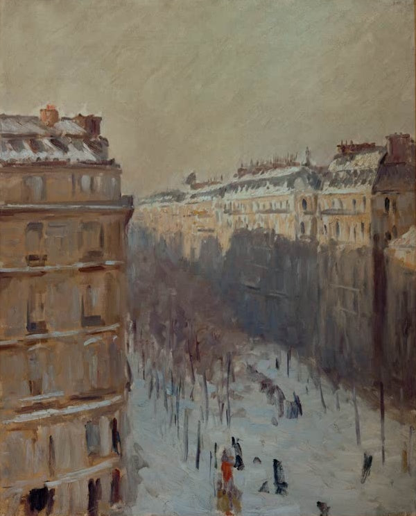 Verschneite Pariser Boulevard-Häuserzeile in Grautönen – Gustave Caillebotte Boulevard Haussmann, effet de neige Kunstkopie