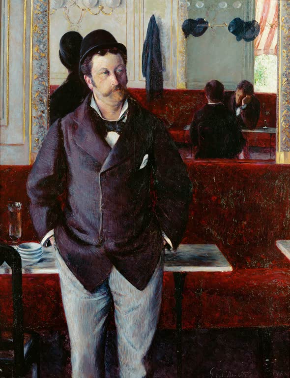 Mann mit Hut vor roter Bank im Café, Spiegel dahinter – Gustave Caillebotte Dans un Café Kunstkopie