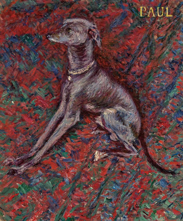 Sitzender Windhund auf rot-grün getupftem Grund mit Schriftzug Paul – Gustave Caillebotte Der Hund Paul Kunstkopie