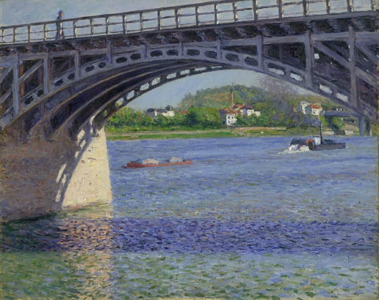 Brückenbogen über der Seine, Schleppkahn und Hügel – Gustave Caillebotte Die Brücke von Argenteuil Kunstkopie