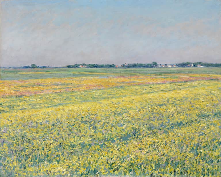 Weite gelbe Felder unter hellblauem Himmel, Dorf am Horizont – Gustave Caillebotte Die Ebene von Gennevilliers Kunstkopie