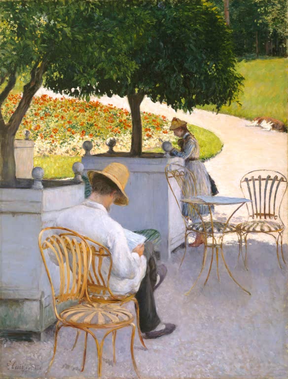 Lesender Mann im Strohhut auf Gartenstuhl, Frau am Beet – Gustave Caillebotte Die Orangenbäume Kunstkopie