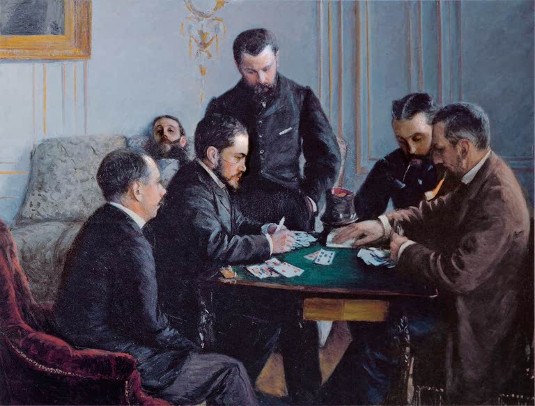 Fünf Männer beim Kartenspiel an grünem Tisch im Salon – Gustave Caillebotte Die Partie des Bésigue Kunstkopie