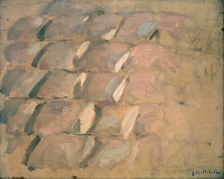 Rosa-graue Pinselstriche wie Pflastersteine – Gustave Caillebotte Etude pour Rue de Paris, temps de pluie Kunstkopie