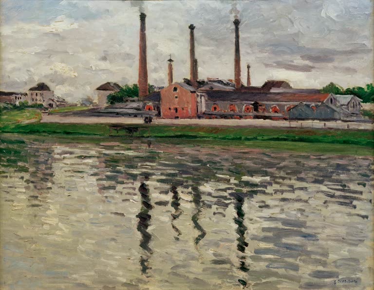 Rauchende Fabrikschornsteine hinter dem Flussufer – Gustave Caillebotte Fabriques à Argenteuil Kunstkopie