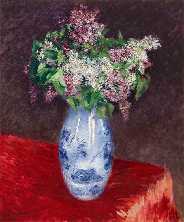 Fliederstrauß in blau-weißer Vase auf rotem Tuch – Gustave Caillebotte Flieder in einer Vase Kunstkopie