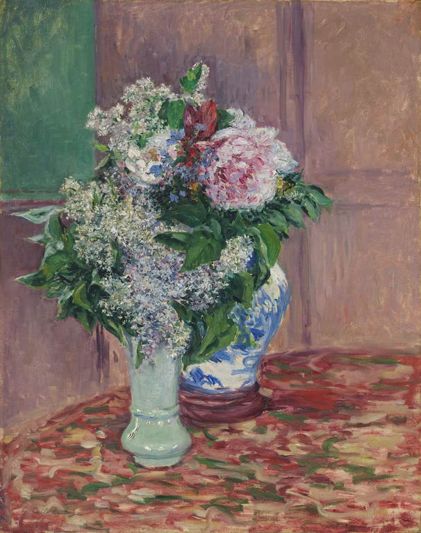 Fliederstrauß in Vasen auf rot gemustertem Tisch – Gustave Caillebotte Flieder und Pfingstrosen in zwei Vasen Kunstkopie