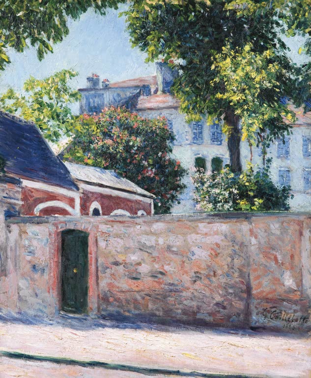 Gustave Caillebotte Häuser in Argenteuil Kunstkopie, Gartenmauer mit pinkem Blütenstrauch und Wohnhäusern