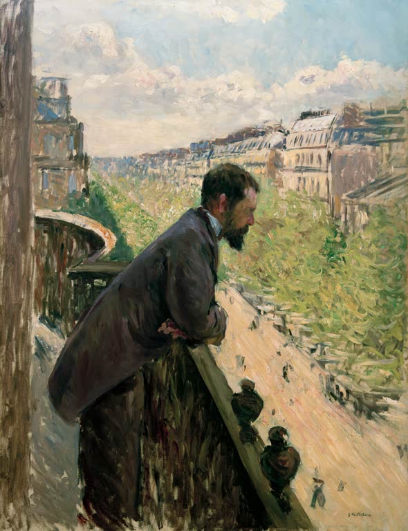 Bärtiger Mann lehnt am Balkon über Pariser Dächern – Gustave Caillebotte Homme au balcon Kunstkopie