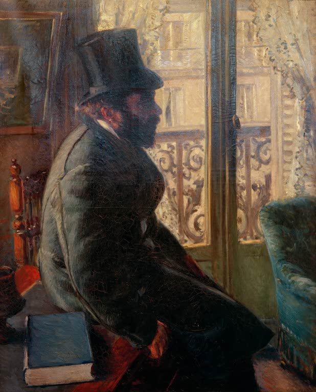 Mann mit Zylinder im Profil am Fenster sitzend – Gustave Caillebotte Homme en chapeau haut de forme Kunstkopie