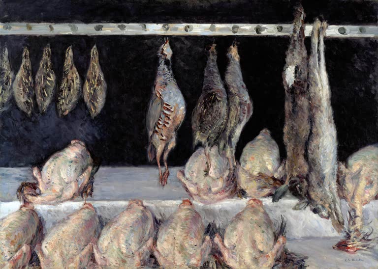 Gerupftes Geflügel, Rebhühner und Hasen im Metzgerladen – Gustave Caillebotte Hühner, Federwild und Hasen Kunstkopie