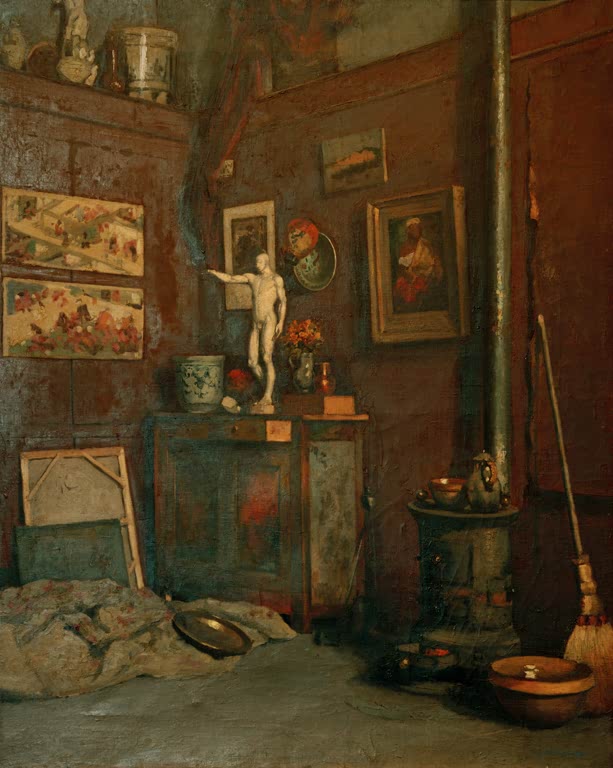 Atelierraum mit Ofenrohr, Gipsfigur, Bildern an der Wand und Staffelei – Gustave Caillebotte Intérieur d'atelier Kunstkopie
