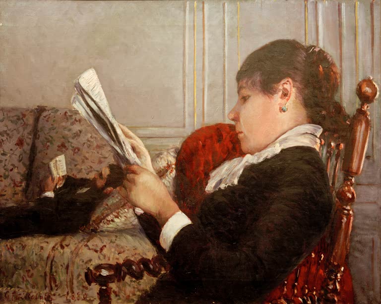 Lesende Frau im dunklen Kleid auf rotem Sessel – Gustave Caillebotte Intérieur, femme lisant Kunstkopie
