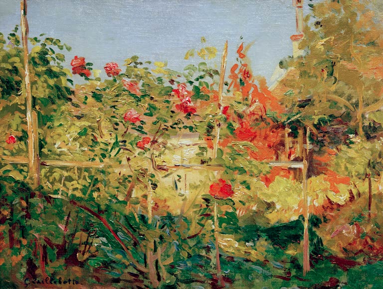 Garten mit roten Rosen, Holzstangen und gelbem Laub im Sonnenlicht – Gustave Caillebotte Jardin à Trouville Kunstkopie