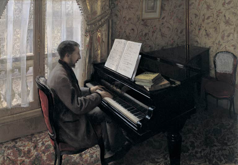 Gustave Caillebotte Junger Mann am Klavier Kunstkopie, Mann im Profil am schwarzen Flügel vor Fenstergardinen