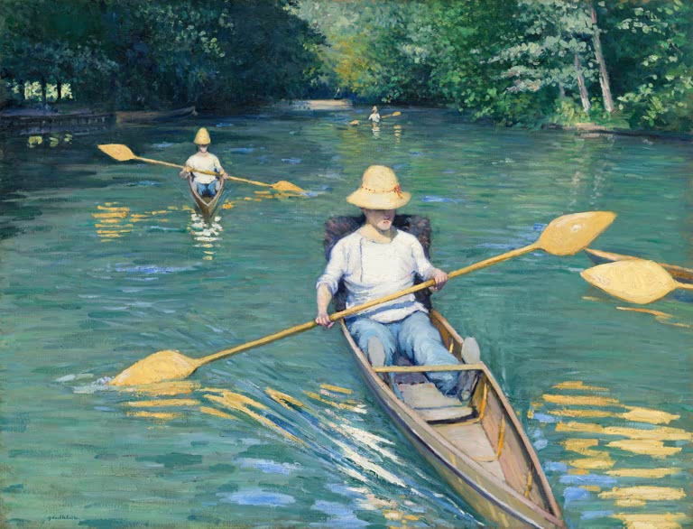 Mann mit Strohhut im Skiff, zweites Boot dahinter – Gustave Caillebotte Kanus auf der Yerres Kunstkopie
