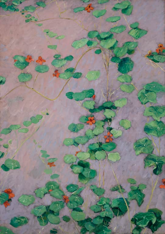 Rankende Kapuzinerkresse mit orangeroten Blüten vor rosa Wand – Gustave Caillebotte Kapuzinerkresse Kunstkopie