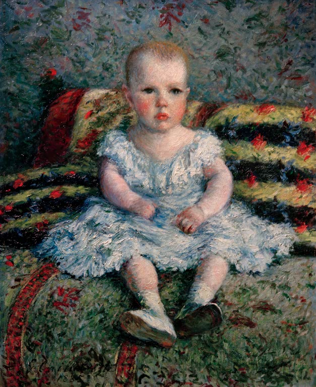 Kleines Kind in hellem Kleid sitzt auf einem gemusterten Sofa – Gustave Caillebotte L'enfant au canape Kunstkopie