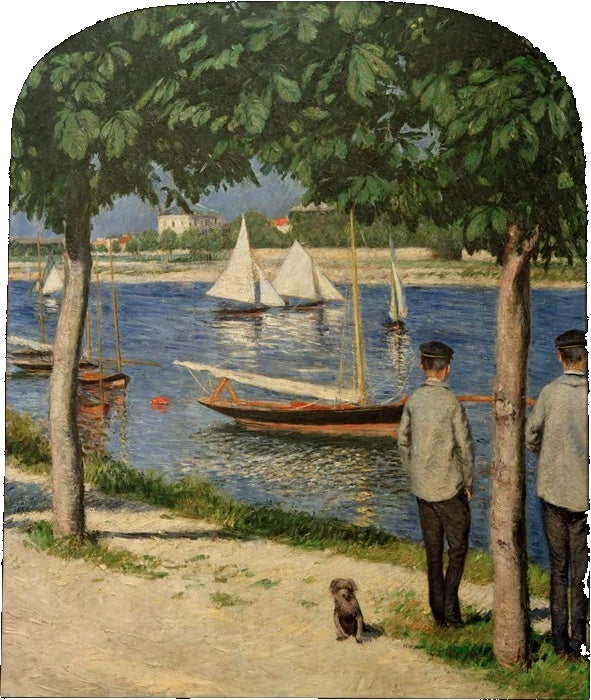 Segelboote auf der Seine, zwei Männer und Hund unter Bäumen – Gustave Caillebotte La berge au Petit Gennevilliers Kunstkopie