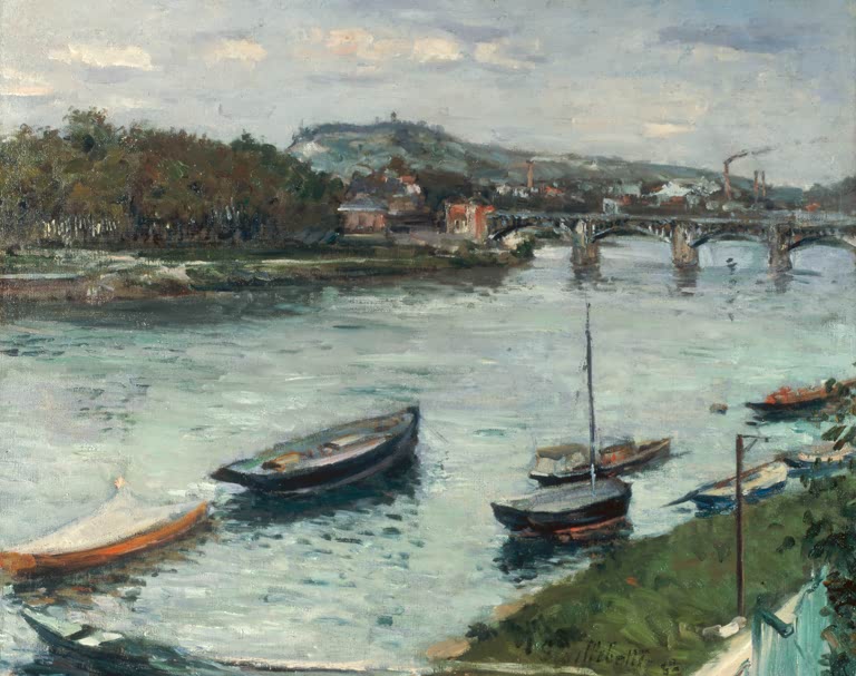Boote auf der Seine, Brücke und Hügel im Hintergrund – Gustave Caillebotte La berge et le pont d'Argenteuil Kunstkopie