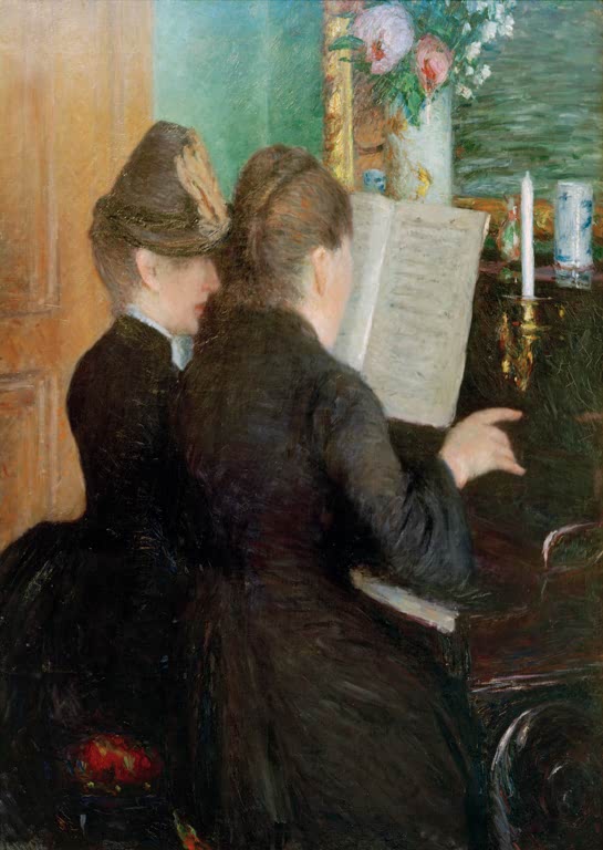 Zwei Frauen in dunklen Kleidern stehen am Klavier und blättern in Noten – Gustave Caillebotte La leçon de piano Kunstkopie