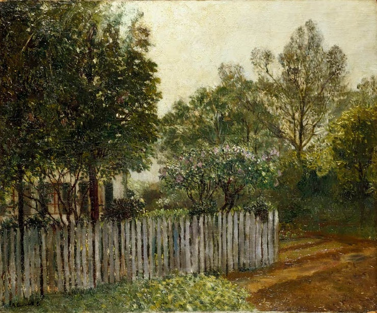 Weißer Lattenzaun vor Haus zwischen Bäumen und Flieder – Gustave Caillebotte La maison dans les arbres Kunstkopie