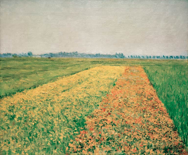 Weite Ebene mit gelben und orangen Feldern unter hellem Himmel – Gustave Caillebotte La plaine de Gennevilliers Kunstkopie