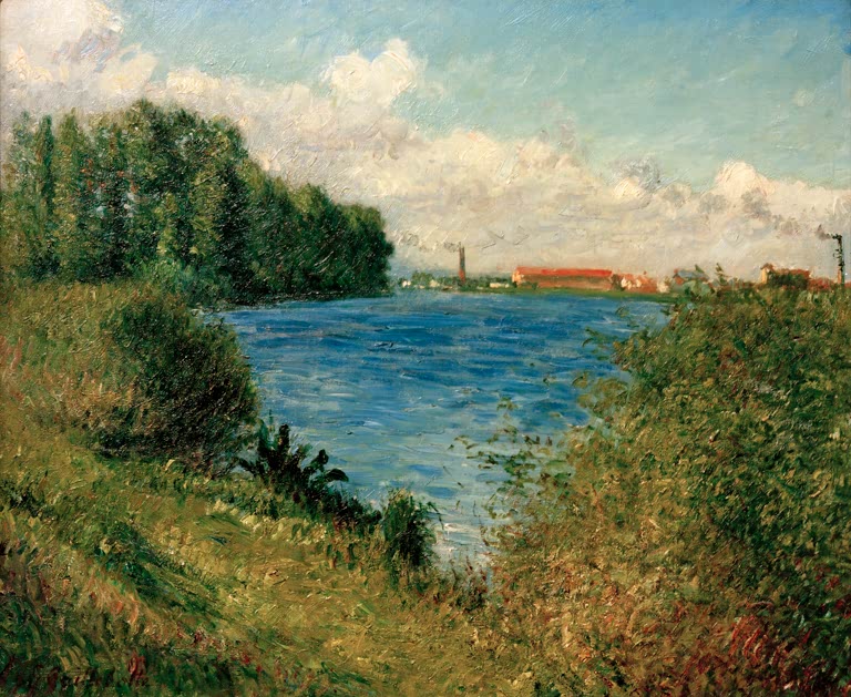 Blaue Flussbiegung zwischen bewachsenen Ufern unter Wolkenhimmel – Gustave Caillebotte La Seine à Argenteuil Kunstkopie