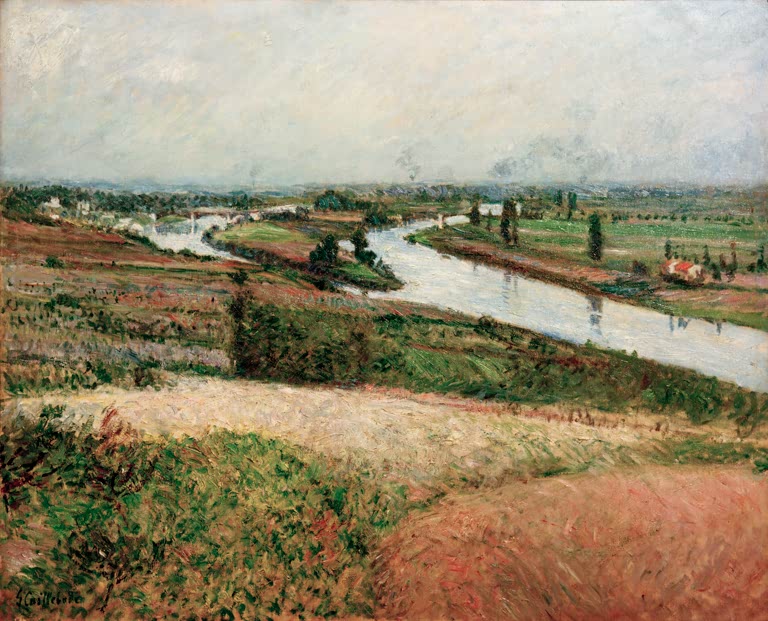 Seineschleife mit Feldern und Hügeln unter dunstigem Himmel – Gustave Caillebotte La Seine à la pointe d'Epinay Kunstkopie