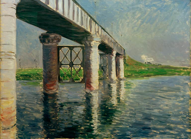 Eisenbahnbrücke mit Pfeilern über spiegelndem Fluss – Gustave Caillebotte La Seine et le pont de chemin de fer Kunstkopie