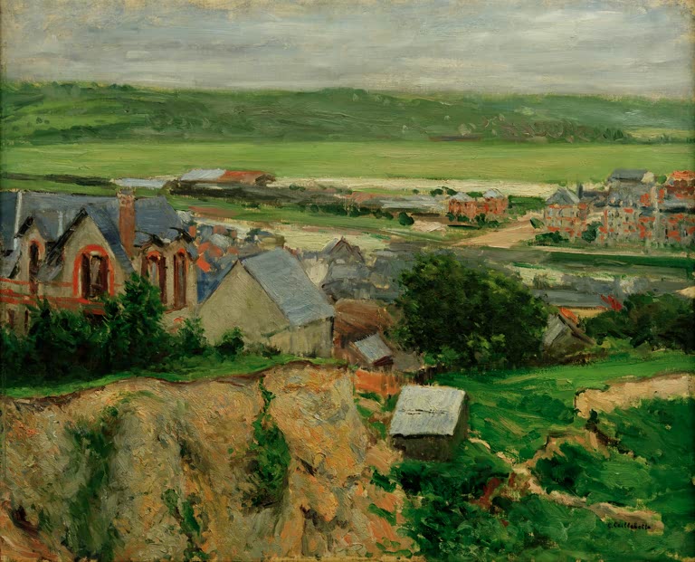 Blick über Dächer und Felder in ein weites Flusstal – Gustave Caillebotte La vallée de la Touques Kunstkopie