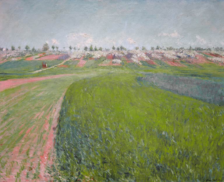 Weite Felder in Grün und Rosa unter dunstigem Himmel – Gustave Caillebotte Le coteau de Colombes Kunstkopie